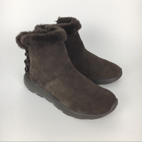 Skechers Size 5.5 On The‎ Go Brown Fur Trimmed Suede Leather Winter Snow Boots - Picture 2 of 8